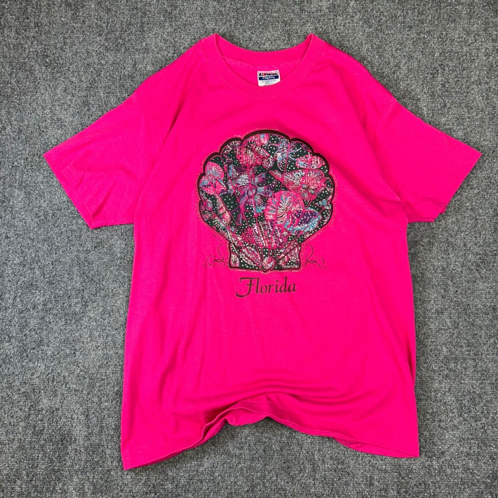 Vintage Hanes Fifty-Fifty Florida Seashell Glitter Graphic T-Shirt Pink Large